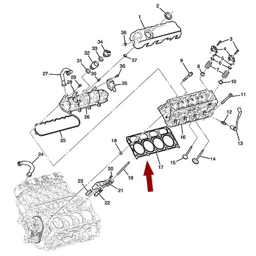 Схема расположения прокладки головки блока цилиндров Chevrolet Tahoe | Шевроле Тахо 14–17 года выпуска