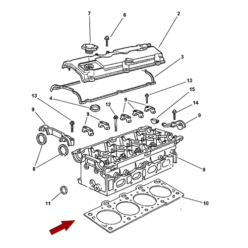 Схема расположения прокладки головки блока цилиндров на Крайслер Пт Крузер 2.4 л. 01 года выпуска