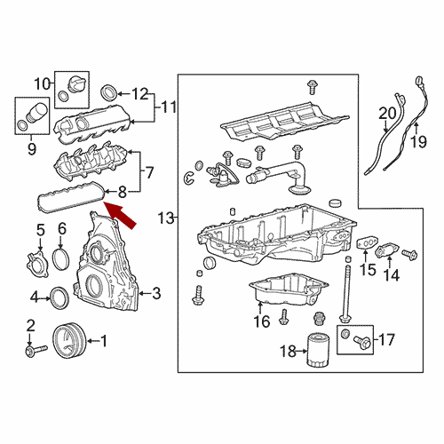Схема расположения прокладки клапанной крышки Cadillac CTS | Кадиллак ЦТС 15–18 года выпуска