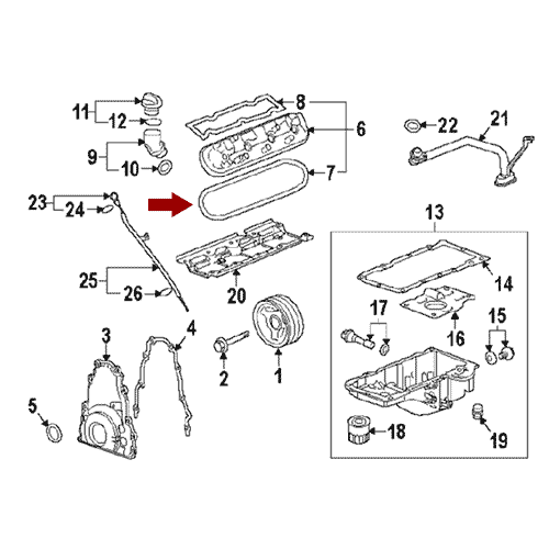 Схема расположения прокладки клапанной крышки на Chevrolet Camaro | Шевроле Камаро 09–15 года выпуска
