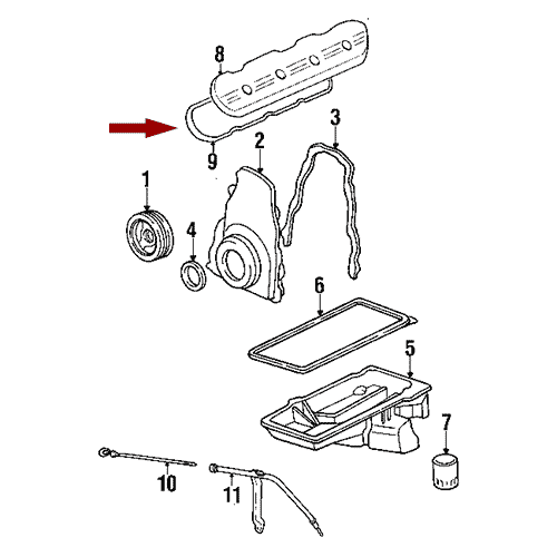 Схема расположения прокладки клапанной крышки на Chevrolet Tahoe | Шевроле Тахо 00–14 года выпуска