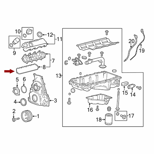 Схема расположения прокладки клапанной крышки Chevrolet Tahoe | Шевроле Тахо 15–18 года выпуска