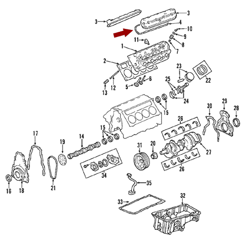 Схема расположения прокладки клапанной крышки на Chevrolet TrailBlazer | Шевроле Трейлблейзер 03–09 года выпуска