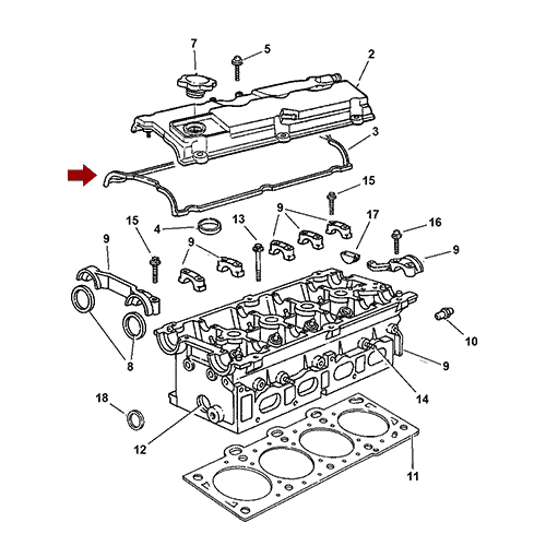 Схема расположения прокладки клапанной крышки на Крайслер Вояджер 96–00 года выпуска