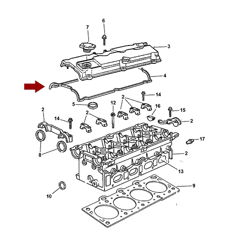 Схема расположения прокладки клапанной крышки двигателя на Крайслере Пт Крузер 03–09 года выпуска