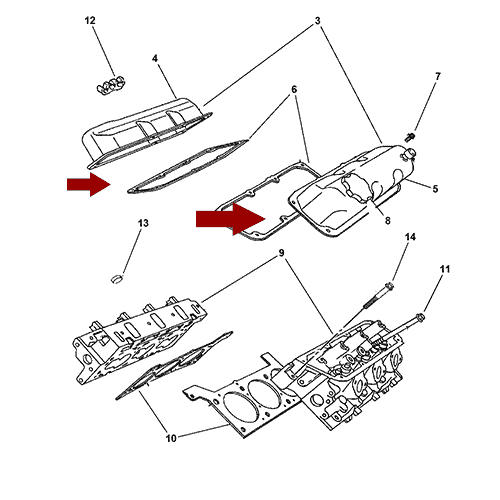 Схема расположения прокладки клапанной крышки двигателя на Крайслер Таун Кантри 96-00 годов выпуска