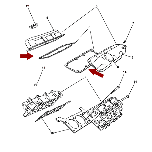 Схема расположения прокладки клапанной крышки двигателя на Крайслер Вояджер 96-00 годов выпуска