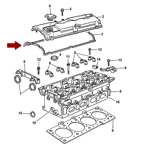 Схема расположения прокладки клапанной крышки двигателя на Chrysler Town Country | Крайслер Таун Кантри 02–07 года выпуска