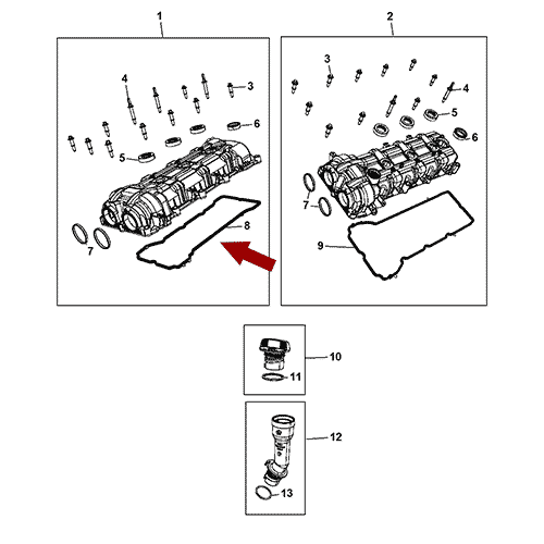 Схема расположения прокладки клапанной крышки двигателя Chrysler Town Country | Крайслер Таун Кантри 11–17 года выпуска