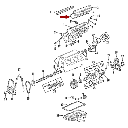 Схема расположения прокладки клапанной крышки на Hummer H2 | Хаммер H2 (Н2) 03–09 года выпуска