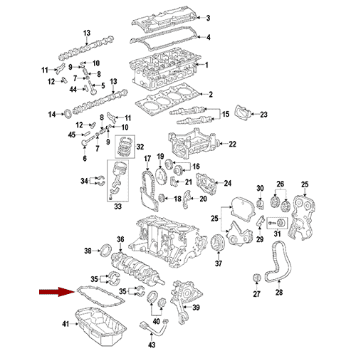 Схема расположения прокладки поддона (масляного) картера двигателя на Chrysler PT Cruiser | Крайслер ПТ Крузер 05–08 года выпуска