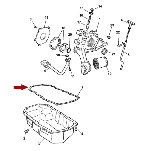 Схема расположения прокладки поддона картера двигателя на Крайслер Вояджер 00–03 года выпуска