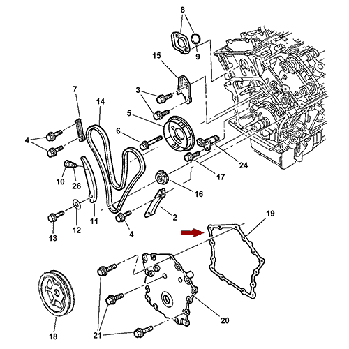 Схема расположения прокладки передней крышки на Крайслере 300С (C) 05-10 года выпуска