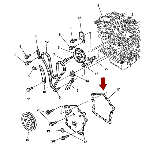 Схема расположения прокладки передней крышки на Крайслер 300М 99-04 года выпуска