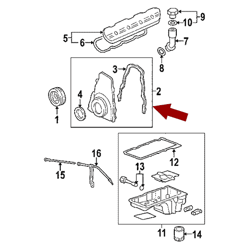 Схема расположения прокладки передней крышки двигателя на Шевроле Аваланч 02-13 года выпуска