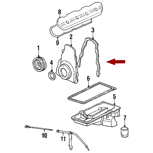 Схема расположения прокладки передней крышки двигателя на Шевроле Тахо 00-14 года выпуска