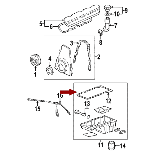 Схема расположения прокладки поддона двигателя на Cadillac Escalade | Кадиллак Эскалейд 02–14 года выпуска 