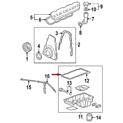 Схема расположения прокладки поддона двигателя на Chevrolet Avalanche | Шевроле Аваланч 02–13 года выпуска 