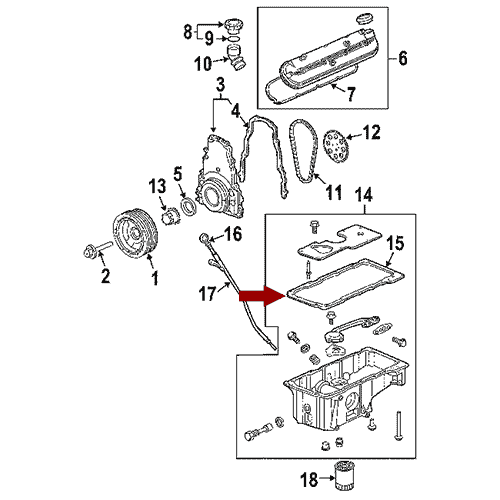 Схема расположения прокладки поддона двигателя на Chevrolet Trailblazer | Шевроле Трейлблейзер 03–09 года выпуска 