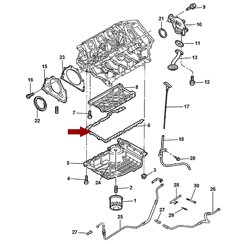 Схема расположения прокладки поддона двигателя на Крайслере 300 Ц 05–10 года выпуска
