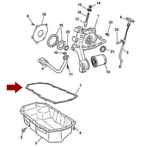 Схема расположения прокладки поддона картера двигателя на Крайслер Вояджер 00-03 года выпуска