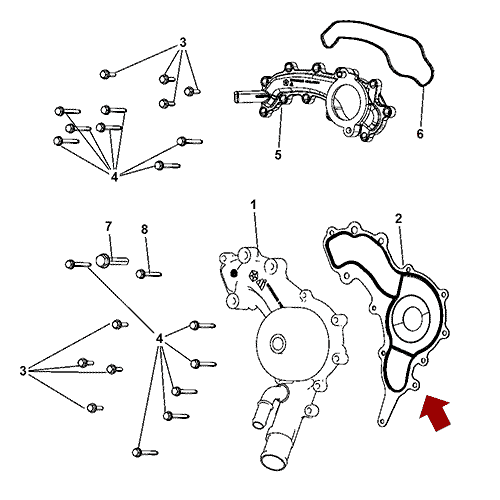 Схема расположения прокладки (помпы) водяного насоса на Крайслер 300С (C) 11-17 года выпуска