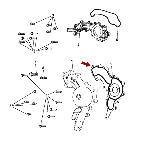 Схема расположения прокладки (помпы) водяного насоса на Крайслере Таун Кантри 11-16 года выпуска