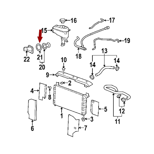 Схема расположения прокладки термостата охлаждения на Cadillac Escalade | Кадиллак Эскалейд 07–14 года выпуска
