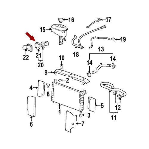 Схема расположения прокладки термостата охлаждения на Chevrolet Avalanche | Шевроле Аваланч 07–13 года выпуска