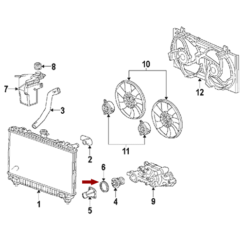 Схема расположения прокладки термостата охлаждения на Chevrolet Camaro | Шевроле Камаро 10–15 года выпуска