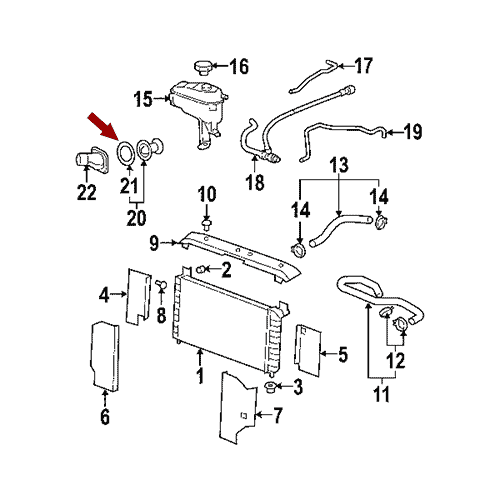Схема расположения прокладки термостата охлаждения на Chevrolet Tahoe | Шевроле Тахо 07–14 года выпуска