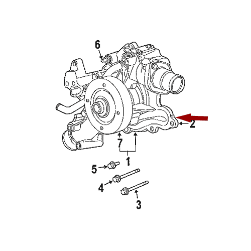 Схема расположения прокладки водяного насоса на Chrysler Aspen | Крайслер Аспен 07–08 года выпуска