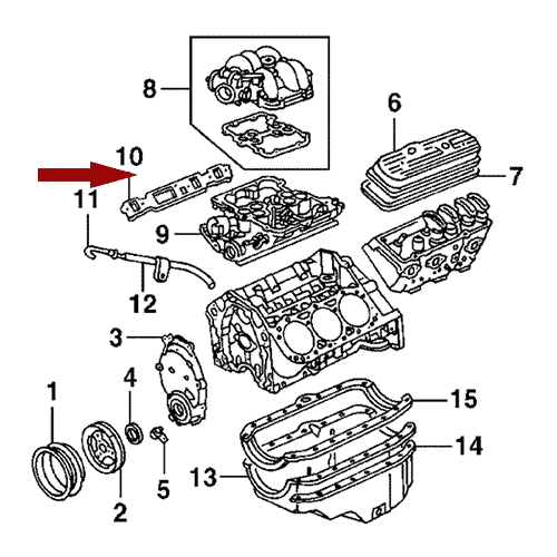 Схема расположения прокладки впускного коллектора на Chevrolet Blazer | Шевроле Блейзер 87–94 года выпуска