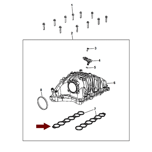 Схема расположения прокладки впускного коллектора на Chrysler 300C | Крайслер 300 13–14 года выпуска