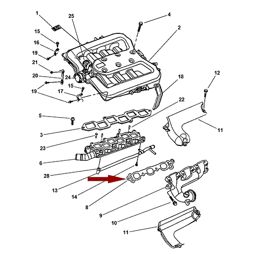 Схема расположения прокладки впускного коллектора на Крайслере 300М 99–04 года выпуска
