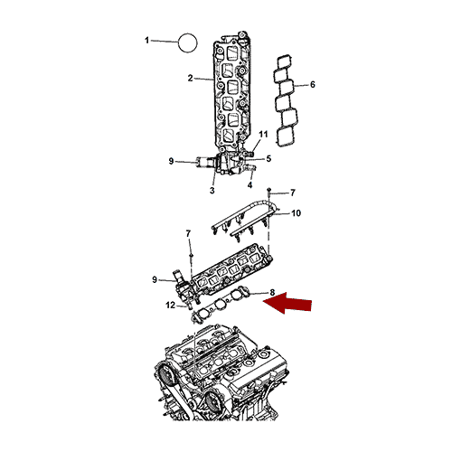 Схема расположения комплекта прокладок впускного коллектора на Крайслер Таун Кантри 08–10 года выпуска