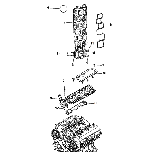 Схема расположения прокладки впускного коллектора на Крайслере Таун Кантри 08-10 годов выпуска
