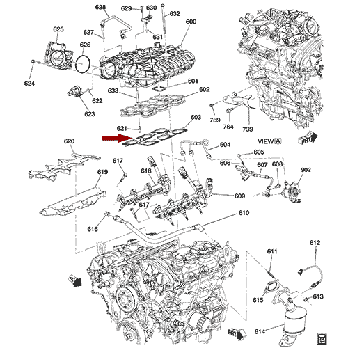 Схема расположения прокладки впускного коллектора на Кадиллак Срикс 10–11 года выпуска