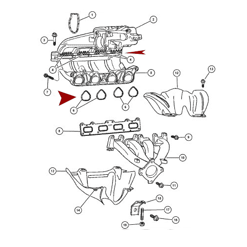 Схема расположения прокладки впускного коллектроа верхней на Chrysler PT Cruiser | Крайслер Круизер 2.4 литровый