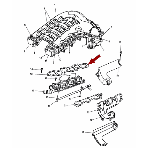 Схема расположения верхней прокладки впускного коллектора на Крайслер 300С (Ц) 00–04 года выпуска