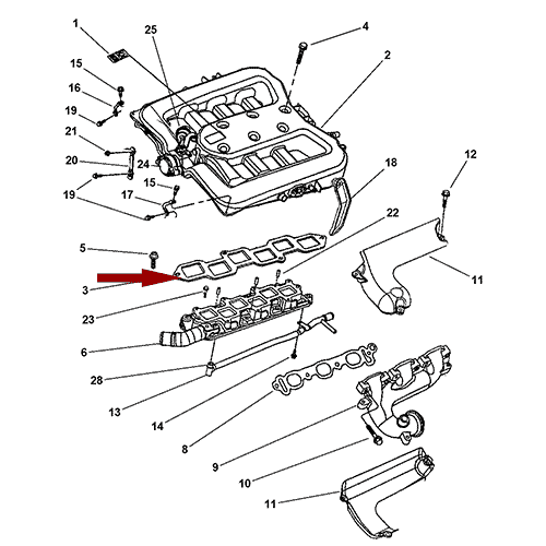 Схема расположения верхней прокладки впускного коллектора на Крайслере 300М 99–04 года выпуска