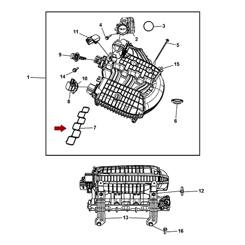 Схема расположения прокладки впускного коллектора на Крайслер Таун Кантри 08–10 года выпуска