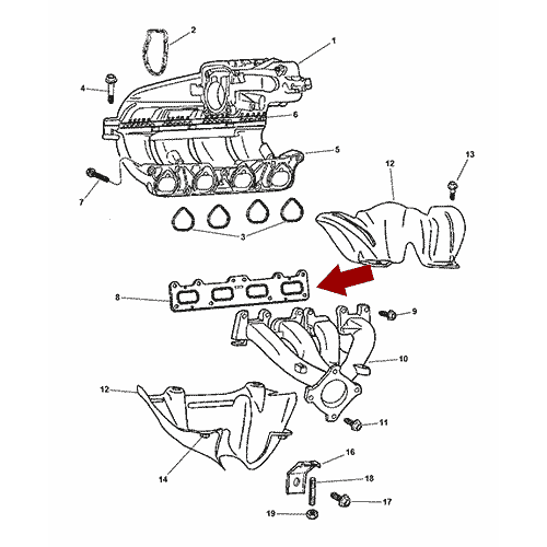 Схема расположения прокладки выпускного коллектора на Крайслер Пт Крузер 01–10 года выпуска