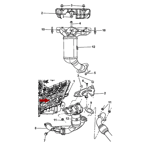 Схема расположения прокладки выпускного коллектора на Крайслере Таун Кантри 08–10 года выпуска