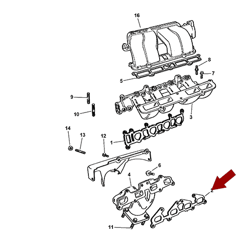 Схема расположения прокладки выпускного коллектора на Крайслере Вояджер 2.4 литра 96–00 года выпуска