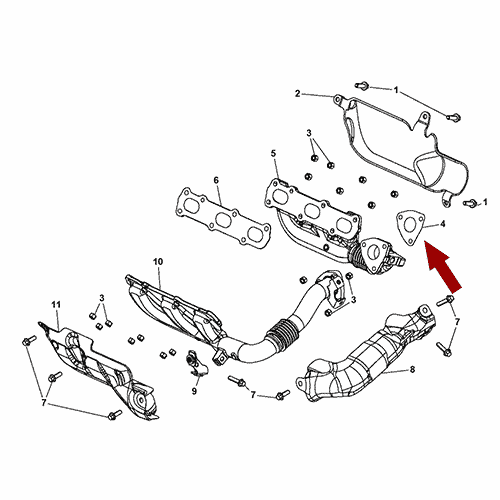 Схема расположения прокладки выпускного коллектора к турбине Chrysler 300C | Крайслер 300 13–14 года выпуска