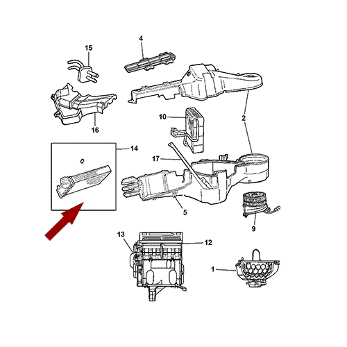 Схема расположения радиатора печки Chrysler Town Cowntry | Крайслер Таун Кантри Тахо 96–05 года выпуска