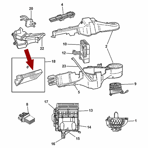 Схема расположения радиатора печки Chrysler Voyager | Крайслер Вояджер 96–05 года выпуска