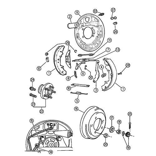 Схема расположения пружин ремкомплекта барабанных тормозов на Chrysler Town & Country | Крайслер Таун Кантри 91–05 года выпуска 