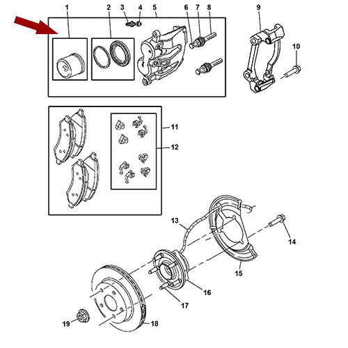 Схема расположения ремкомплекта переднего тормозного суппорта Chrysler Aspen | Крайслер Аспен 07–09 года выпуска